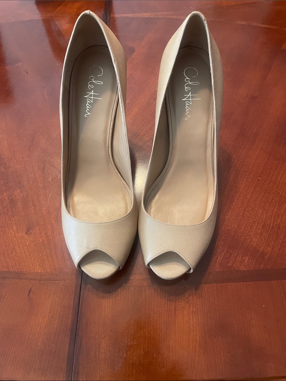 Cole Haan Neutral Peep-Toe Leather Pumps